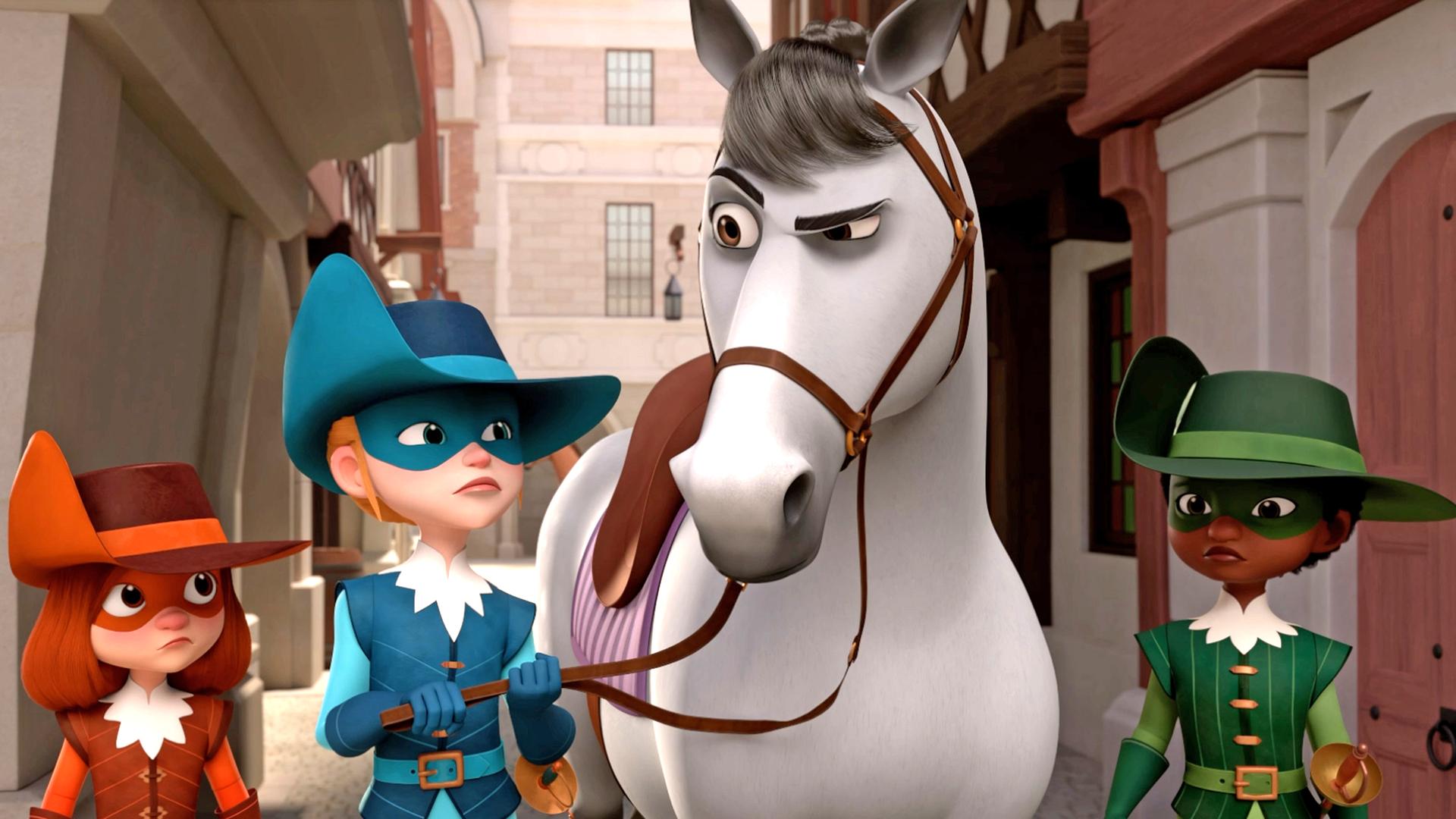 D'Artagnan, Athos und Aramis stehen in einer Gasse gemeinsam mit Mousqueton, dem Pferd von Porthos. Athos hält Mousqueton am Zügel. Das Pferd blick skeptisch drein. Alle schauen fragend auf das Pferd.