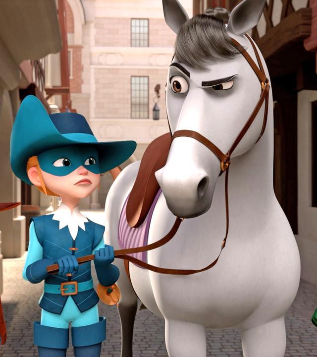 D'Artagnan, Athos und Aramis stehen in einer Gasse gemeinsam mit Mousqueton, dem Pferd von Porthos. Athos hält Mousqueton am Zügel. Das Pferd blick skeptisch drein. Alle schauen fragend auf das Pferd.