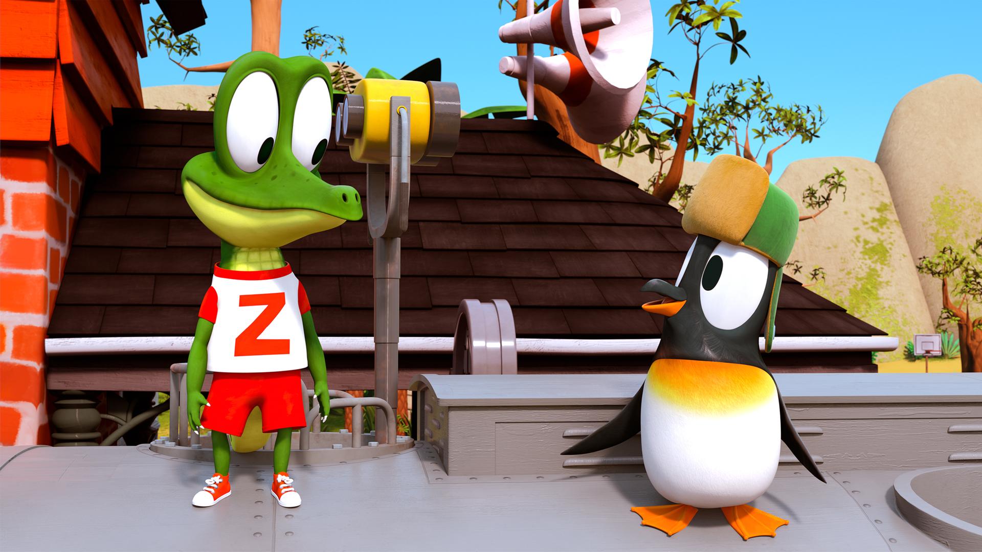 Zacki das Krokodil schaut neugierig zum Pinguin Jonathan, der ihn freudig anstrahlt.
