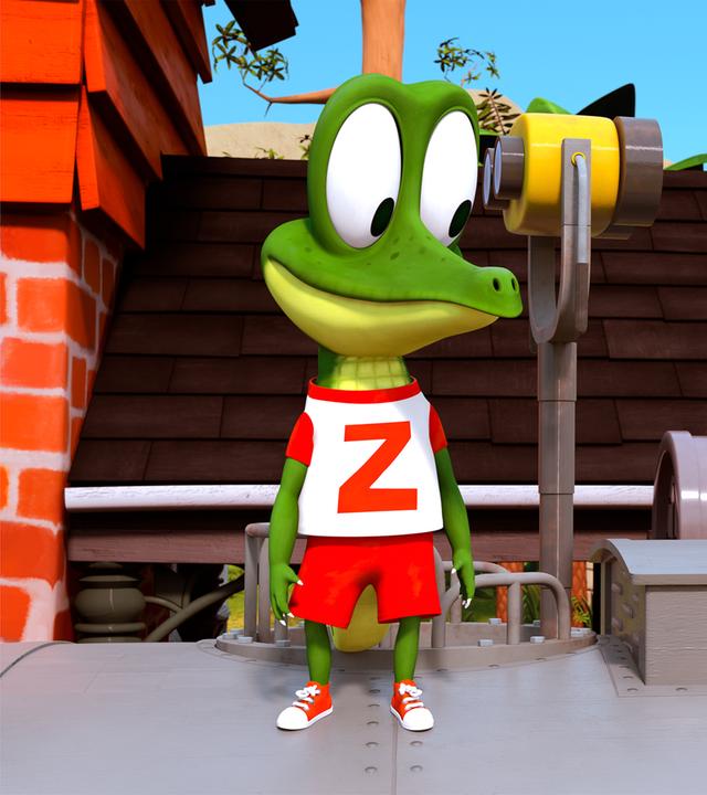 Zacki das Krokodil (links) schaut neugierig zum Pinguin Jonathan (rechts), der ihn freudig anstrahlt.