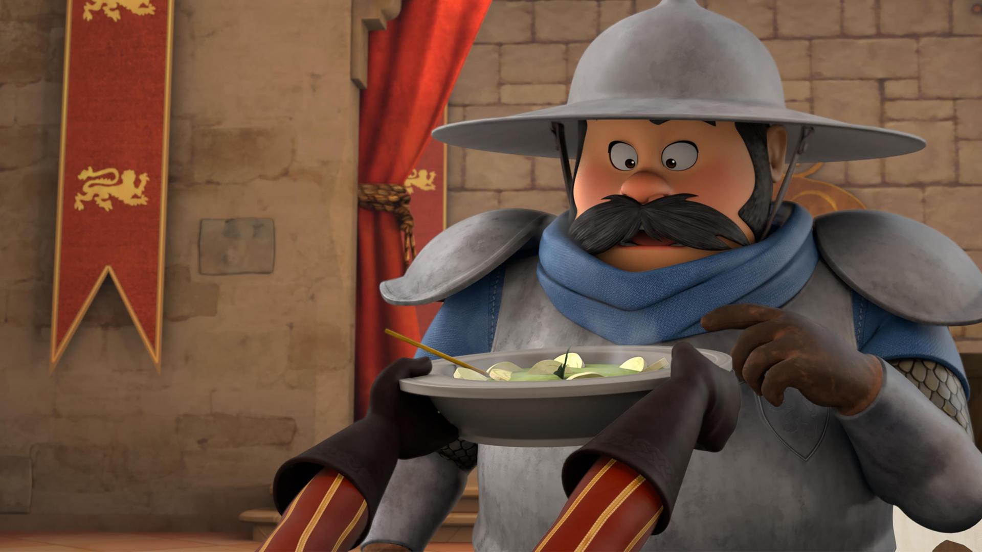 Im Schloss blickt der Sheriff etwas erstaunt auf den mit Essen gefüllten Teller, der ihm von Prinz John gereicht wird. Von Prinz John, der vor dem stehenden Sheriff sitzt, sind nur die behandschuhten Hände und Arme zu erkennen.