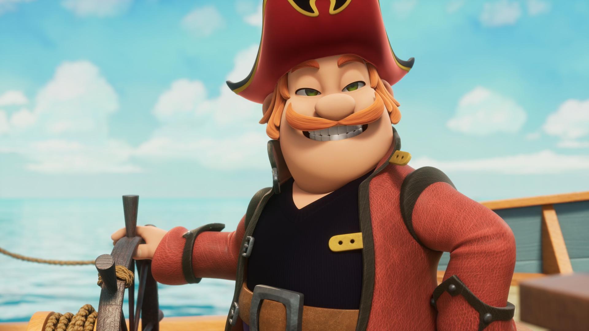 Francis Raubein, der Bruder von Käpt'n Charlotte Raubein, steht stolz mit einer Hand am Steuer und hat dabei ein breites Grinsen aufgesetzt.