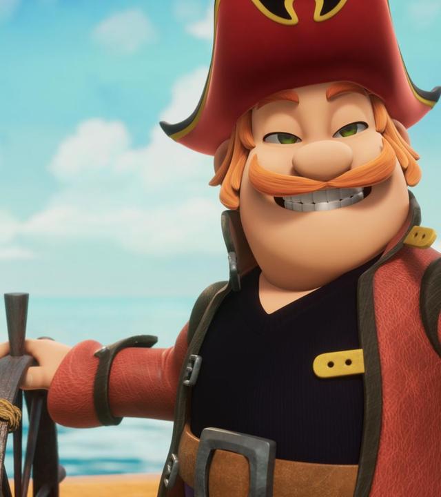 Francis Raubein, der Bruder von Käpt'n Charlotte Raubein, steht stolz mit einer Hand am Steuer und hat dabei ein breites Grinsen aufgesetzt.