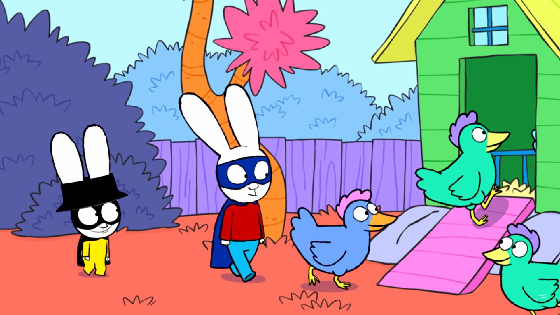 Captain Hase und Superhase sind auf dem Bauernhof. Vor dem Hühnerstall sind drei Hühner zu sehen. Ein Huhn läuft die Rampe rauf, die in den Stall führt. Die anderen Hühner schauen ihm dabei zu. Captain Hase und Superhase blicken freudig zu den Hühnern.