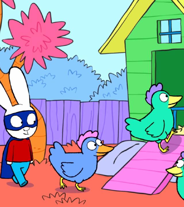 Captain Hase und Superhase sind auf dem Bauernhof. Vor dem Hühnerstall sind drei Hühner zu sehen. Ein Huhn läuft die Rampe rauf, die in den Stall führt. Die anderen Hühner schauen ihm dabei zu. Captain Hase und Superhase blicken freudig zu den Hühnern.