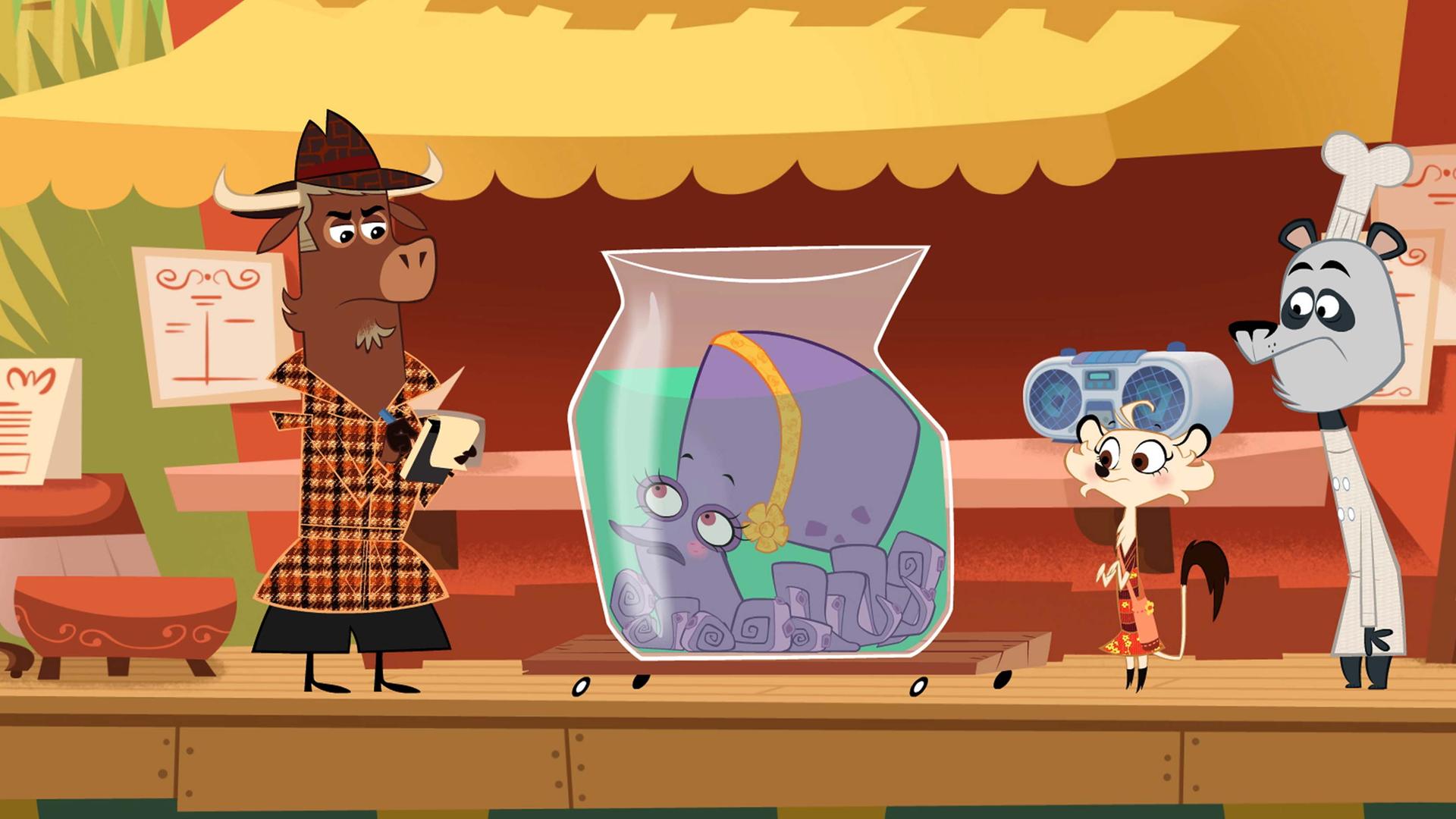 Sherlock Yack spricht mit Frau Krake. Sie liegt verknotet in ihrem Aquarium. Daneben stehen Hermione und Panda. Sie sehen besorgt aus. Sherlock Yack macht mit konzentriertem Blick Notizen in sein Ringheft.