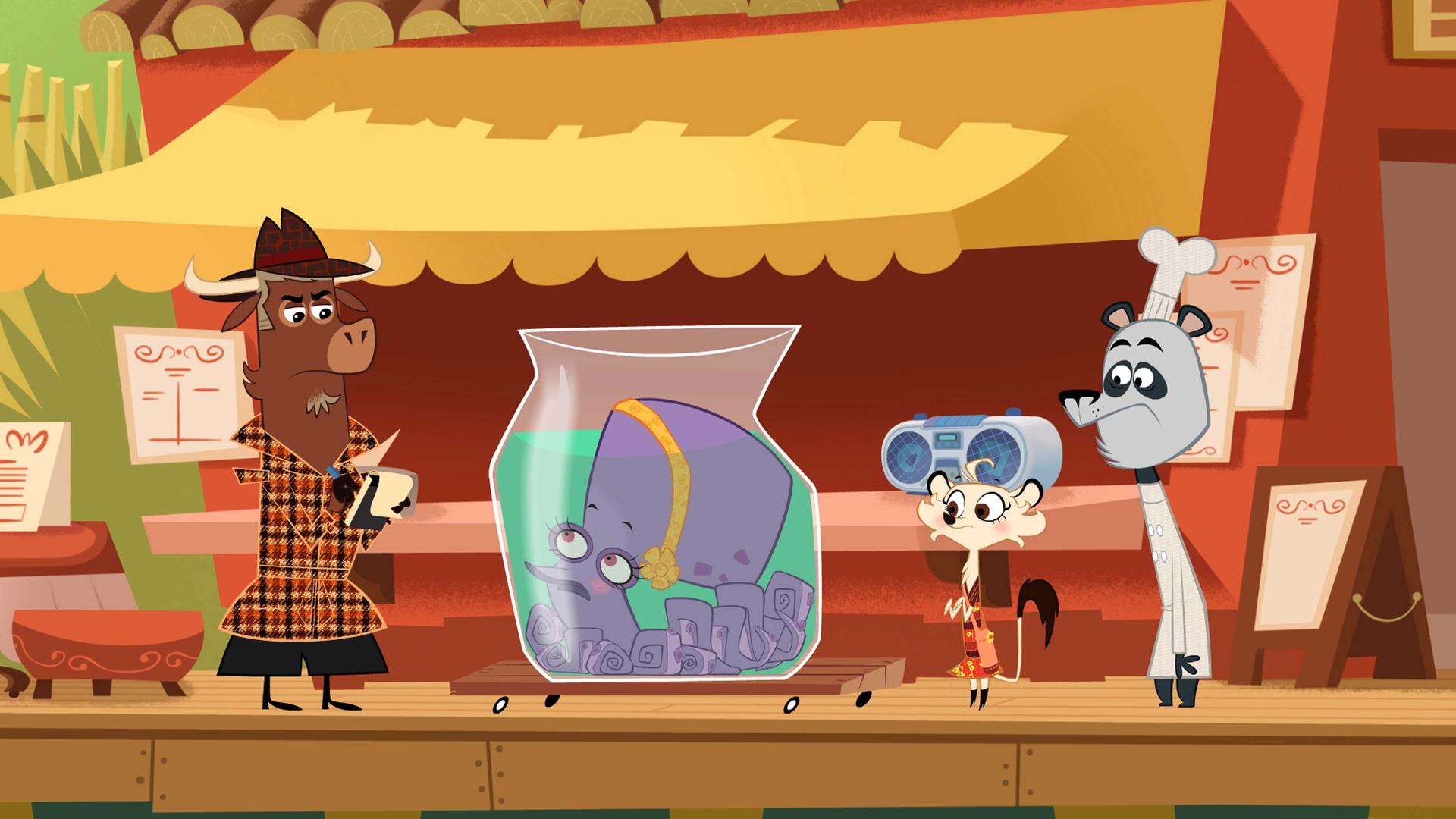 Sherlock Yack spricht mit Frau Krake. Sie liegt verknotet in ihrem Aquarium. Daneben stehen Hermione und Panda. Sie sehen besorgt aus. Sherlock Yack macht mit konzentriertem Blick Notizen in sein Ringheft.