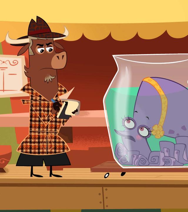 Sherlock Yack spricht mit Frau Krake. Sie liegt verknotet in ihrem Aquarium. Daneben stehen Hermione und Panda. Sie sehen besorgt aus. Sherlock Yack macht mit konzentriertem Blick Notizen in sein Ringheft.