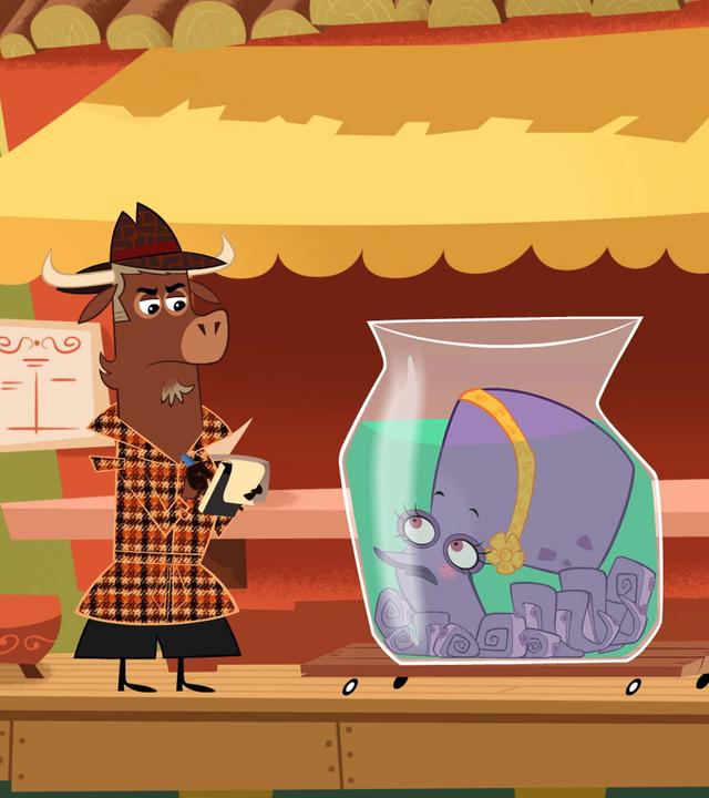 Sherlock Yack spricht mit Frau Krake. Sie liegt verknotet in ihrem Aquarium. Daneben stehen Hermione und Panda. Sie sehen besorgt aus. Sherlock Yack macht mit konzentriertem Blick Notizen in sein Ringheft.