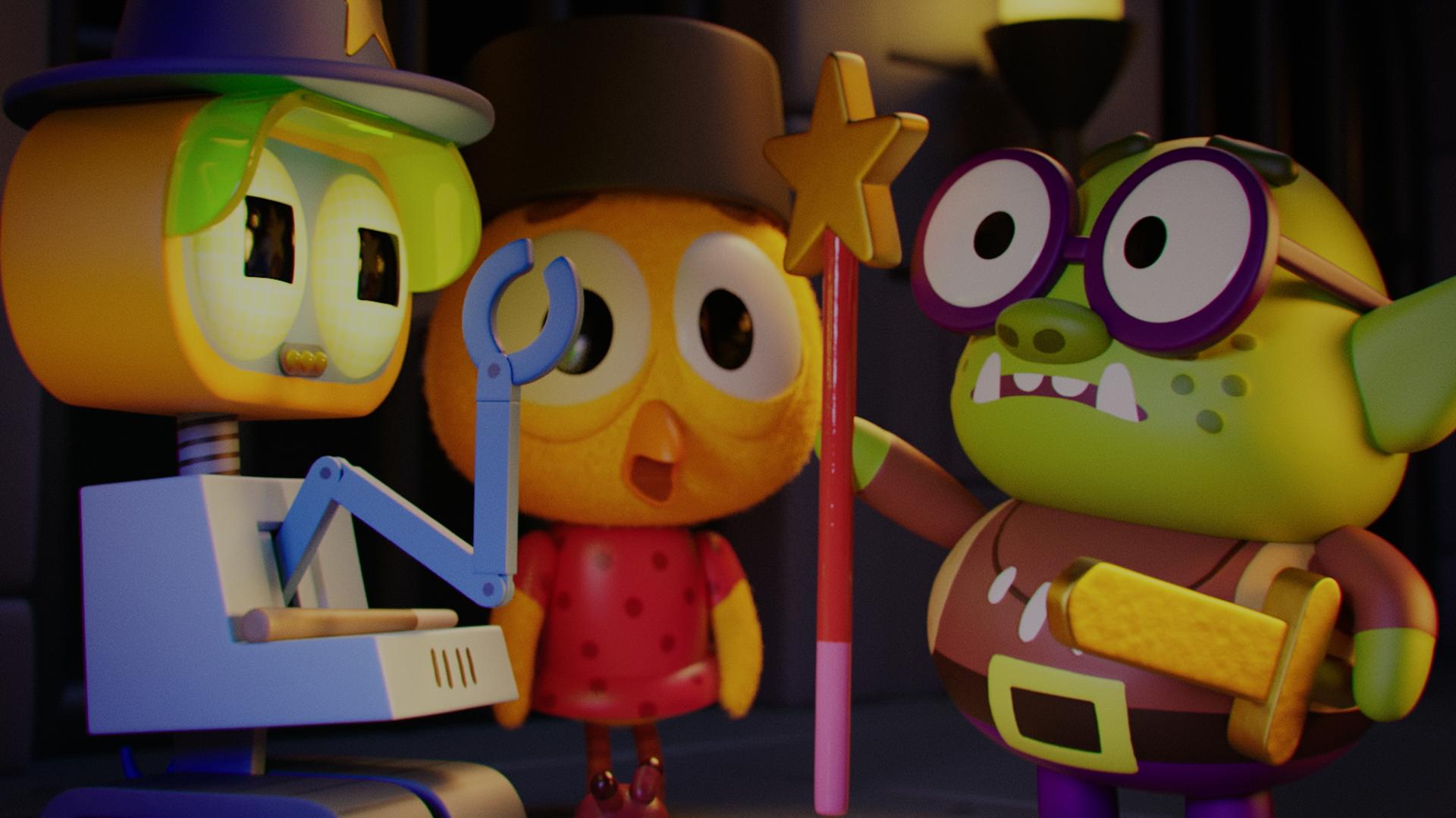 Im Labyrinth: Karla, das Küken, Robbie, der Roboter und Oggi, der Troll stehen zusammen vor einer Mauer. Oggi streckt Robbie einen Zauberstab mit einem Stern als Spitze entgegen. Robbie trägt einen Zauberhut und will mit seinem Roboterarm nach dem Stab greifen. Karla steht mit offenem Schnabel und großen Augen zwischen den beiden. Sie trägt einen schwarzen Hut.