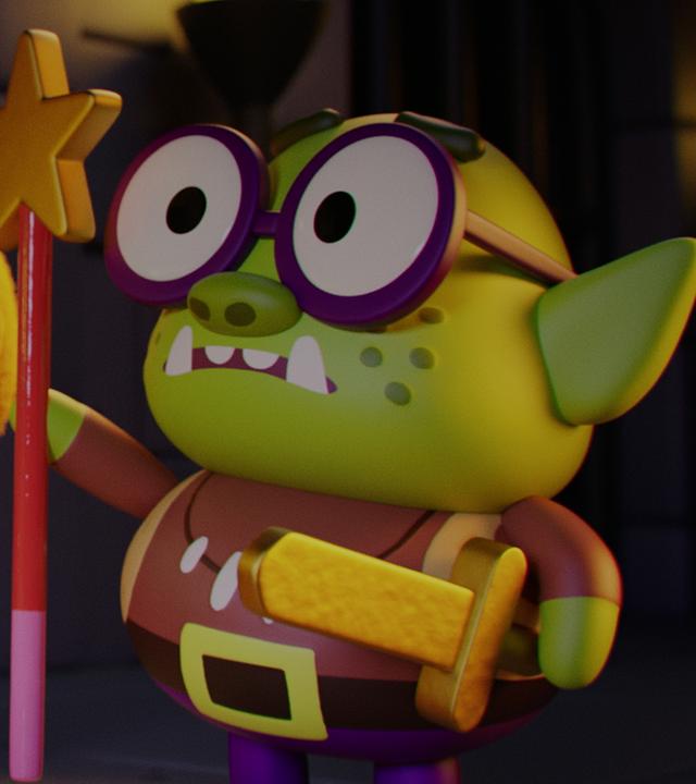 Im Labyrinth: Karla, das Küken, Robbie, der Roboter und Oggi, der Troll stehen zusammen vor einer Mauer. Oggi streckt Robbie einen Zauberstab mit einem Stern als Spitze entgegen. Robbie trägt einen Zauberhut und will mit seinem Roboterarm nach dem Stab greifen. Karla steht mit offenem Schnabel und großen Augen zwischen den beiden. Sie trägt einen schwarzen Hut.