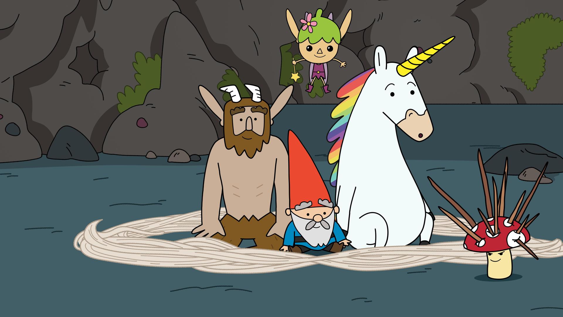 Vor einer Felswand sitzen Hufius, Herbert und Blümchen nebeneinander. Um sie herum liegen weiße Fäden in einem Kreis. Über ihnen schwebt Twinkle. Tupfen - mit Stacheln in seiner Pilzkappe - steht außerhalb des Fadenkreises. Die Freunde schauen erfreut und erstaunt zu Tupfen, der wiederum mit einem gerissenen Gesichtsausdruck zu ihnen schaut.