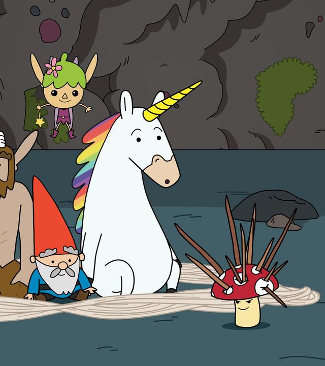 Vor einer Felswand sitzen Hufius, Herbert und Blümchen nebeneinander. Um sie herum liegen weiße Fäden in einem Kreis. Über ihnen schwebt Twinkle. Tupfen - mit Stacheln in seiner Pilzkappe - steht außerhalb des Fadenkreises. Die Freunde schauen erfreut und erstaunt zu Tupfen, der wiederum mit einem gerissenen Gesichtsausdruck zu ihnen schaut.