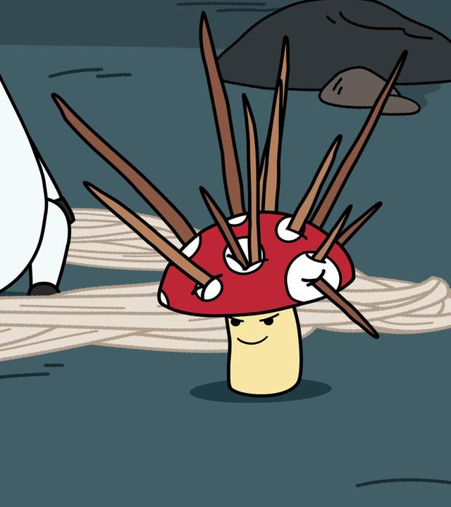 Vor einer Felswand sitzen Hufius, Herbert und Blümchen nebeneinander. Um sie herum liegen weiße Fäden in einem Kreis. Über ihnen schwebt Twinkle. Tupfen - mit Stacheln in seiner Pilzkappe - steht außerhalb des Fadenkreises. Die Freunde schauen erfreut und erstaunt zu Tupfen, der wiederum mit einem gerissenen Gesichtsausdruck zu ihnen schaut.