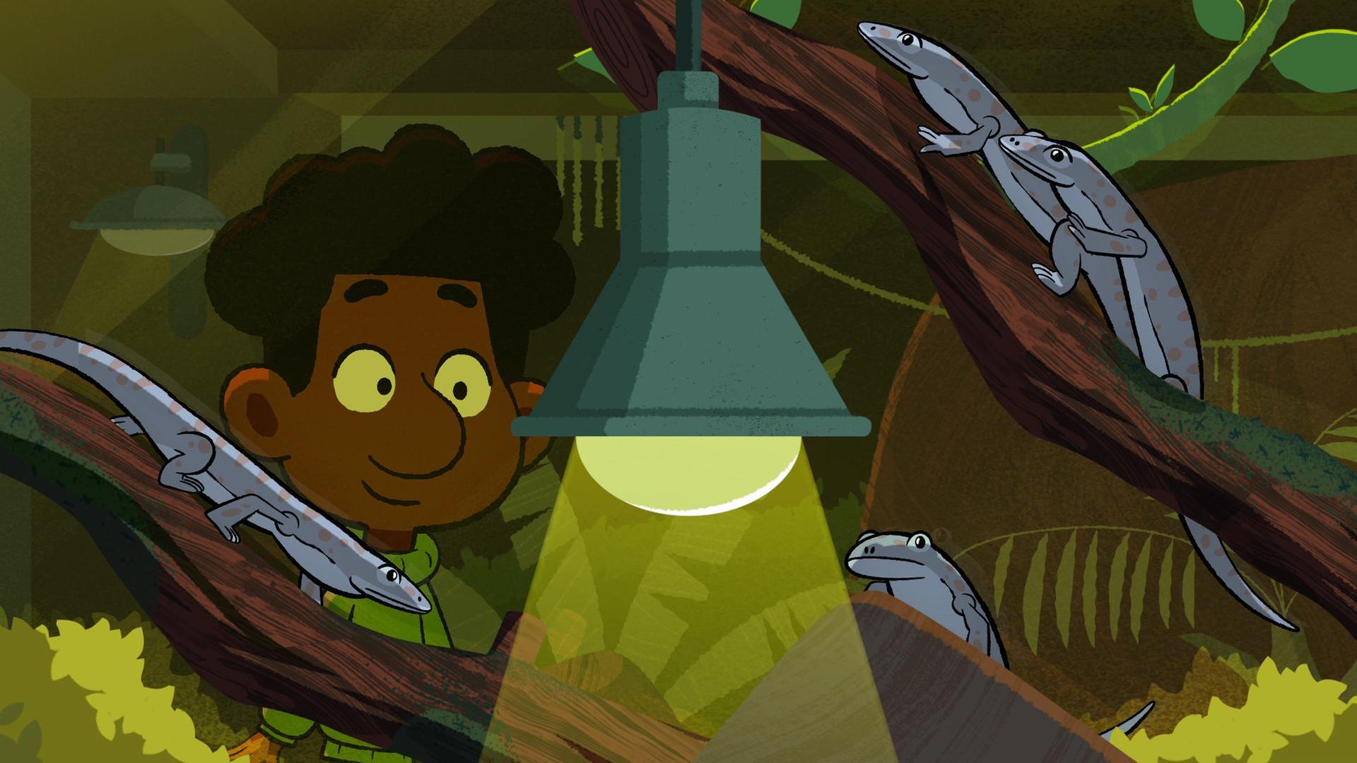 Tommy steht lächelnd hinter einer leuchtenden Lampe. Um diese herum sitzen vier Echsen auf großen Ästen.