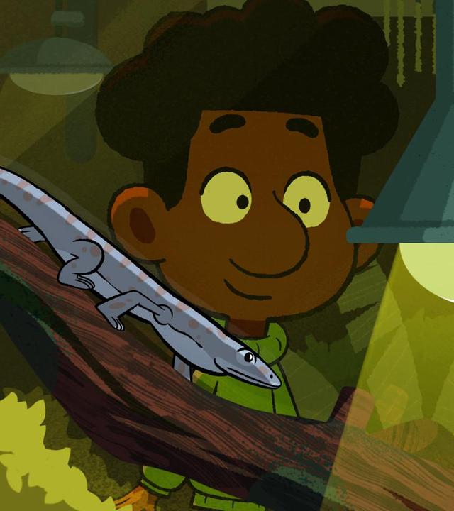 Tommy steht lächelnd hinter einer leuchtenden Lampe. Um diese herum sitzen vier Echsen auf großen Ästen.