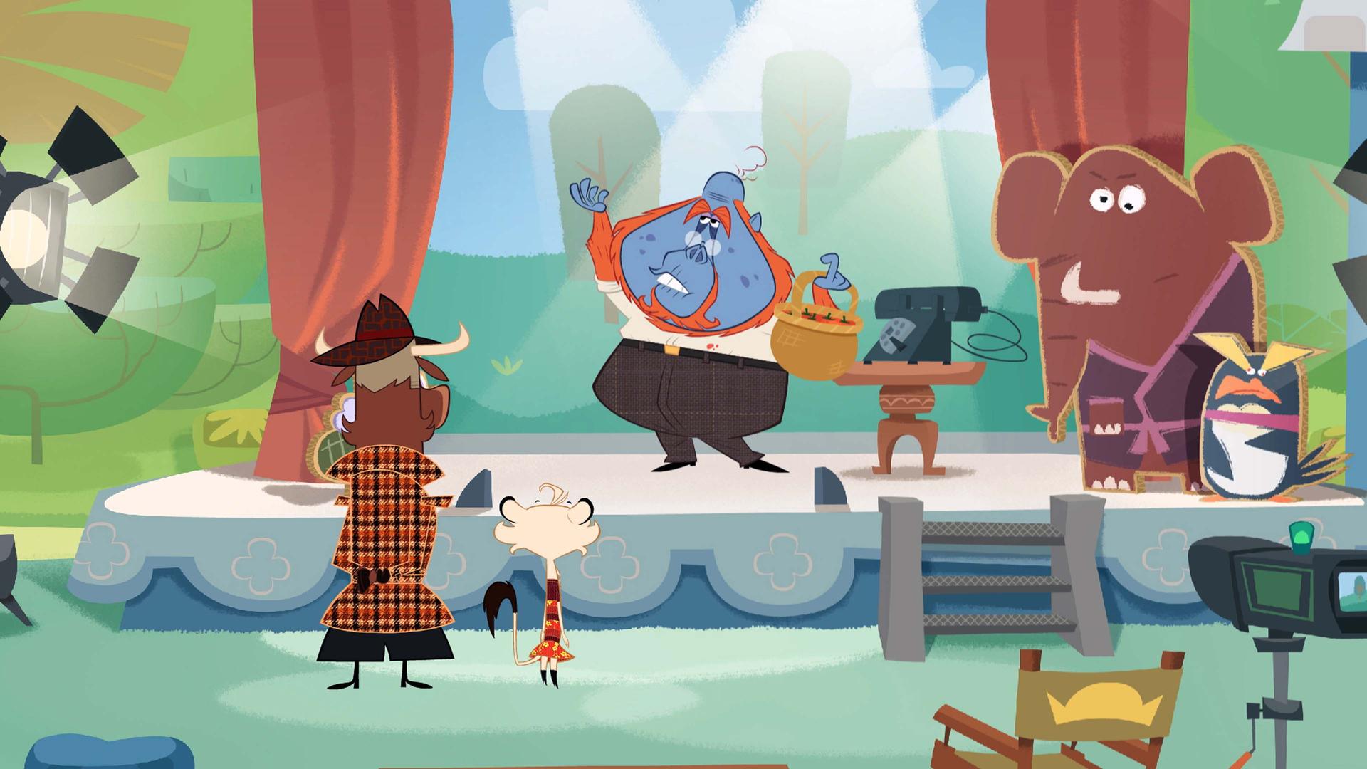 Der Orang-Utan steht auf der Bühne und hält einen Korb voller Erdbeeren. Auf ihn sind viele Scheinwerferlichter gerichtet und er posiert. Vor der Bühne stehen Hermione und Sherlock Yack. Sie betrachten den Orang-Utan.