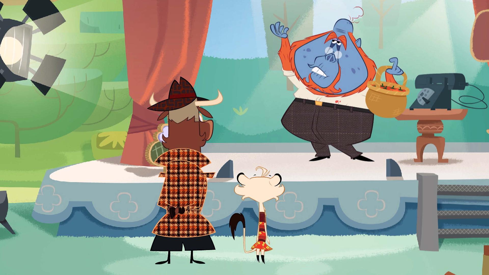 Der Orang-Utan steht auf der Bühne und hält einen Korb voller Erdbeeren. Auf ihn sind viele Scheinwerferlichter gerichtet und er posiert. Vor der Bühne stehen Hermione und Sherlock Yack. Sie betrachten den Orang-Utan.