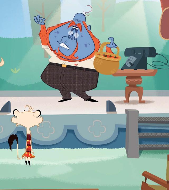 Der Orang-Utan steht auf der Bühne und hält einen Korb voller Erdbeeren. Auf ihn sind viele Scheinwerferlichter gerichtet und er posiert. Vor der Bühne stehen Hermione und Sherlock Yack. Sie betrachten den Orang-Utan.