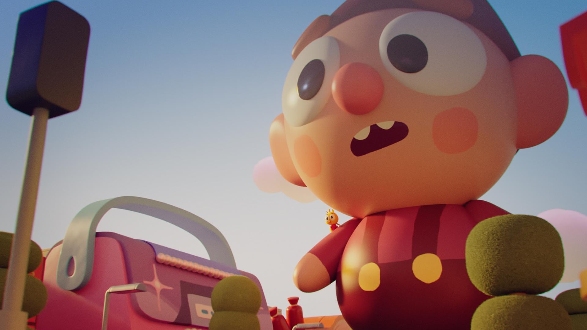 Wichtel Bob ist auf Riesengröße gewachsen. Sein Körper überragt alles in der Stadt, durch die er aufgeregt blickend stapft. Auf seiner rechten Schulter steht Küken Karla, die gegenüber Bob verschwindend klein wirkt. Eines der Häuser neben Bob hat die Form einer Handtasche. Im Vordergrund stehen eine Ampel und ein paar Bäume.