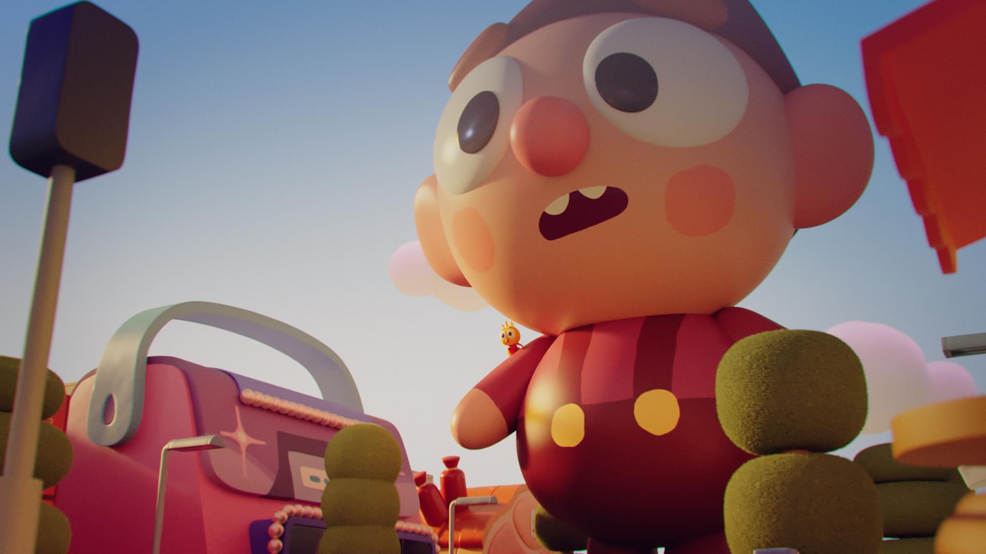 Wichtel Bob ist auf Riesengröße gewachsen. Sein Körper überragt alles in der Stadt, durch die er aufgeregt blickend stapft. Auf seiner rechten Schulter steht Küken Karla, die gegenüber Bob verschwindend klein wirkt. Eines der Häuser neben Bob hat die Form einer Handtasche. Im Vordergrund stehen eine Ampel und ein paar Bäume.