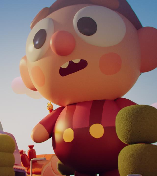 Wichtel Bob ist auf Riesengröße gewachsen. Sein Körper überragt alles in der Stadt, durch die er aufgeregt blickend stapft. Auf seiner rechten Schulter steht Küken Karla, die gegenüber Bob verschwindend klein wirkt. Eines der Häuser neben Bob hat die Form einer Handtasche. Im Vordergrund stehen eine Ampel und ein paar Bäume.