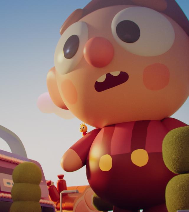 Wichtel Bob ist auf Riesengröße gewachsen. Sein Körper überragt alles in der Stadt, durch die er aufgeregt blickend stapft. Auf seiner rechten Schulter steht Küken Karla, die gegenüber Bob verschwindend klein wirkt. Eines der Häuser neben Bob hat die Form einer Handtasche. Im Vordergrund stehen eine Ampel und ein paar Bäume.