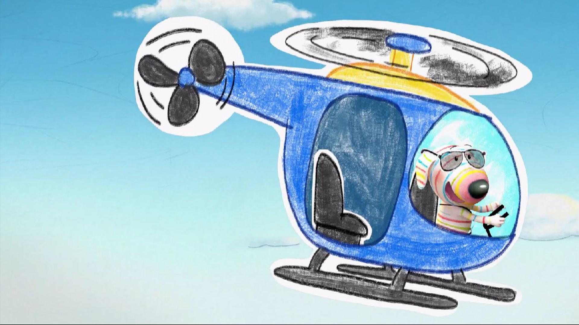 Hund Dylan sitzt in einem Hubschrauber und trägt eine Fliegerbrille. Er hält die Steuerung fest in den Pfoten und fliegt ausgelassen durch die Luft.
