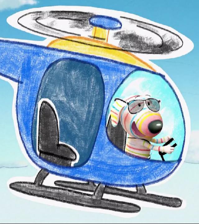 Hund Dylan sitzt in einem Hubschrauber und trägt eine Fliegerbrille. Er hält die Steuerung fest in den Pfoten und fliegt ausgelassen durch die Luft.