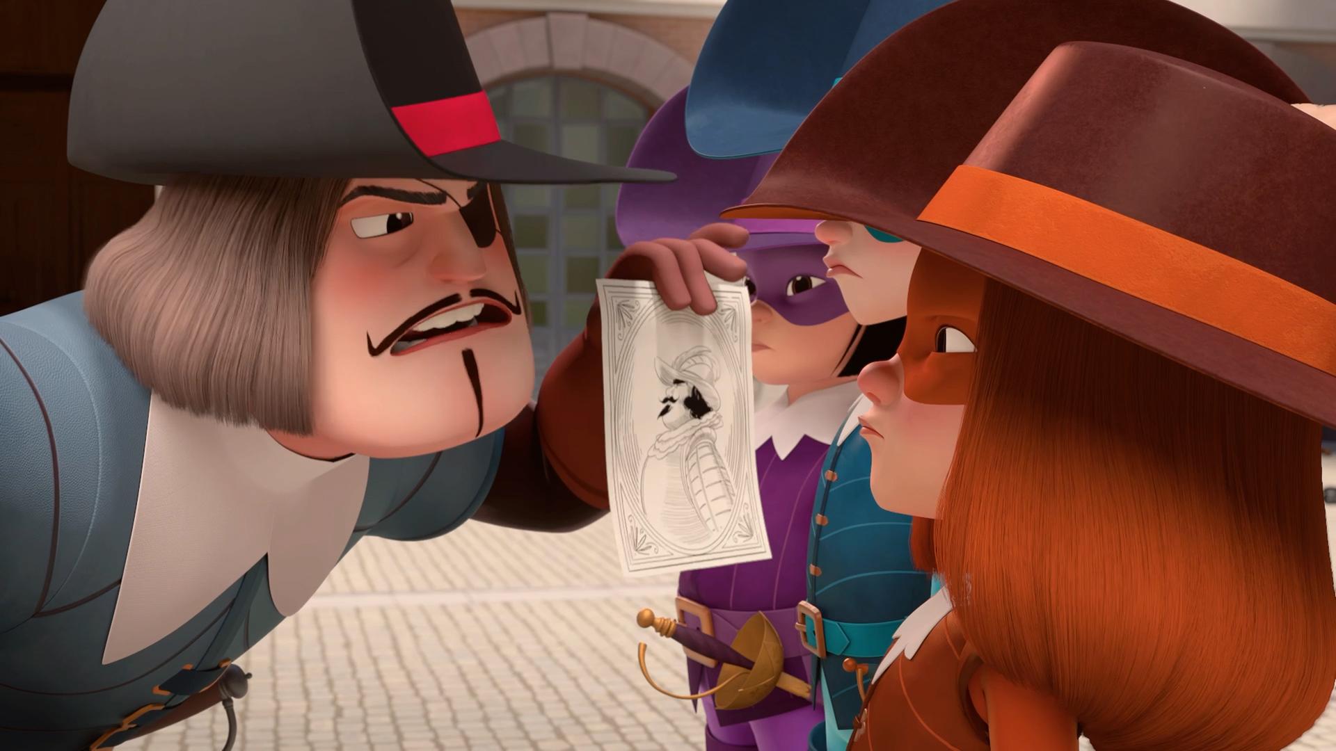 Hauptmann Rochefort steht ganz dicht vor d'Artagnan, Athos und Porthos, die nebeneinander von der Seite zu sehen sind. Er hält ihnen eine Zeichnung hin, auf der ein Soldat zu sehen ist. Er blickt unfreundlich auf d'Artagnan.