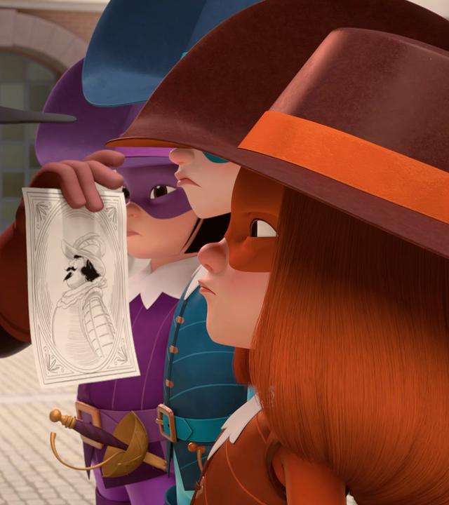 Hauptmann Rochefort steht ganz dicht vor d'Artagnan, Athos und Porthos, die nebeneinander von der Seite zu sehen sind. Er hält ihnen eine Zeichnung hin, auf der ein Soldat zu sehen ist. Er blickt unfreundlich auf d'Artagnan.