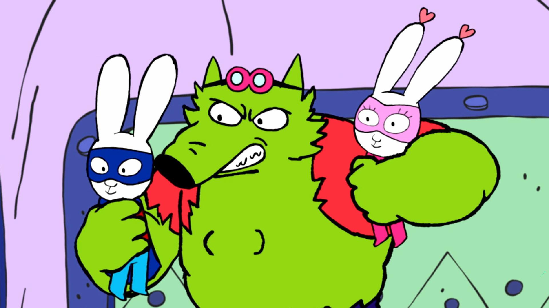 Professor Wolf ist vor Wut zu einem großen muskelösen Riesenwolf aufgebläht und hält verärgert Superhase und Super-Lou in seinen Pranken fest.