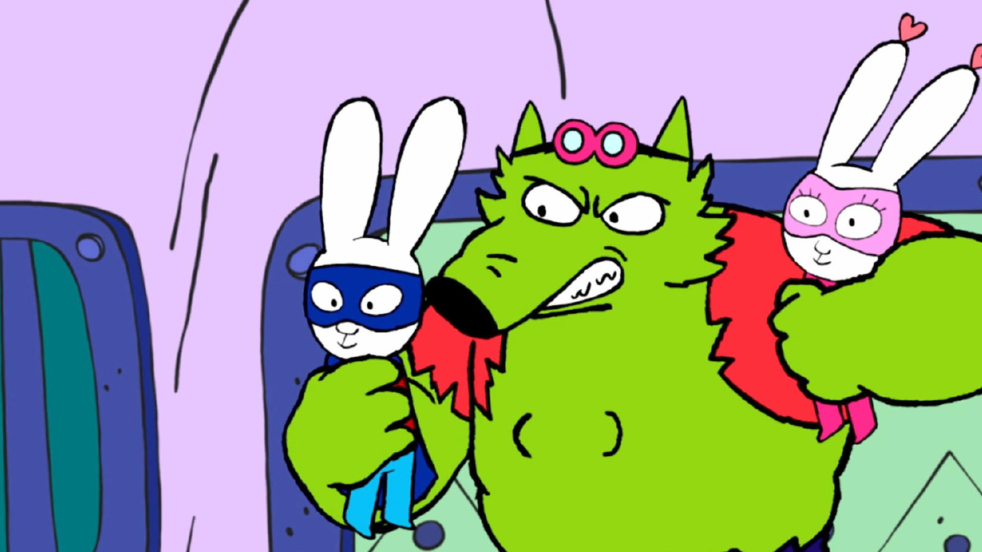 Professor Wolf ist vor Wut zu einem großen muskelösen Riesenwolf aufgebläht und hält verärgert Superhase und Super-Lou in seinen Pranken fest.