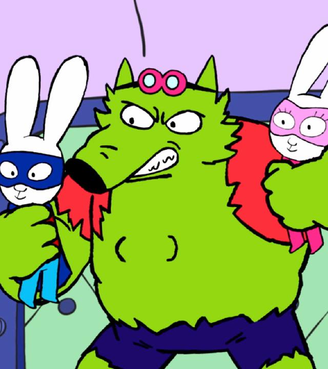 Professor Wolf ist vor Wut zu einem großen muskelösen Riesenwolf aufgebläht und hält verärgert Superhase und Super-Lou in seinen Pranken fest.