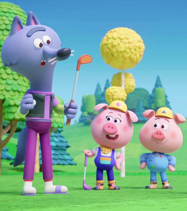 Wilf, der Wolf, hält hat einen Golfschläger in der Hand. Neben ihm stehen drei Schweinchen mit Bauarbeiterhelmen - die Werkel-Ferkel: Caesar, Charly und Cornelia. Sie hält ebenfalls einen Schläger in der Hand.