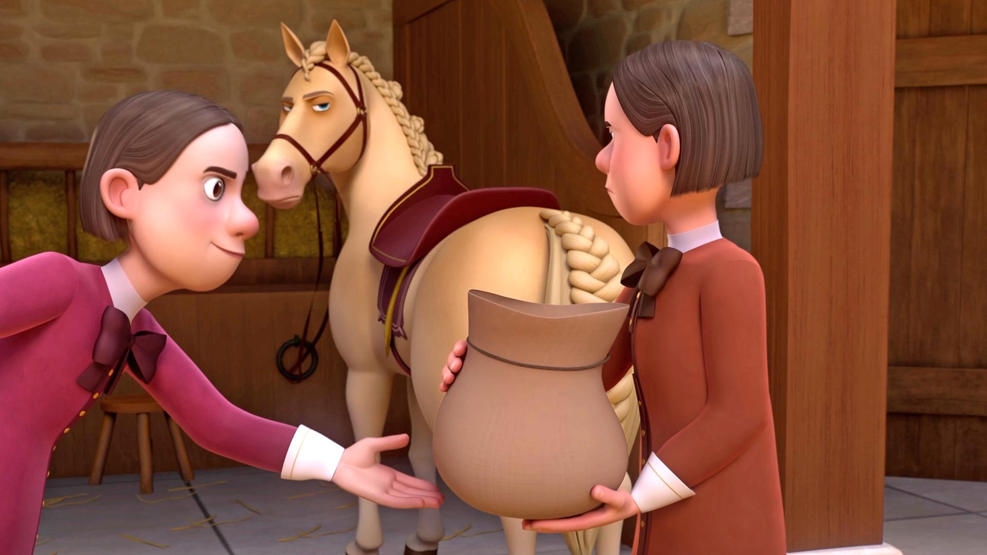 Alfred steht in gebeugter Position vor Manfred, der einen Sack in den Händen hält und zu Saphir schaut. Das Pferd und die beiden Gauner stehen in einem Stall, ein Schemel und eine Leiter sind im Hintergrund. Saphir zeigt den beiden Schurken seine Rückseite und schaut mit missmutigem Blick auf seine Peiniger.