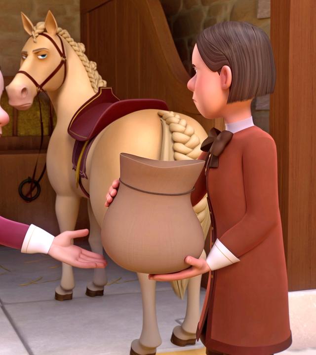 Alfred steht in gebeugter Position vor Manfred, der einen Sack in den Händen hält und zu Saphir schaut. Das Pferd und die beiden Gauner stehen in einem Stall, ein Schemel und eine Leiter sind im Hintergrund. Saphir zeigt den beiden Schurken seine Rückseite und schaut mit missmutigem Blick auf seine Peiniger.