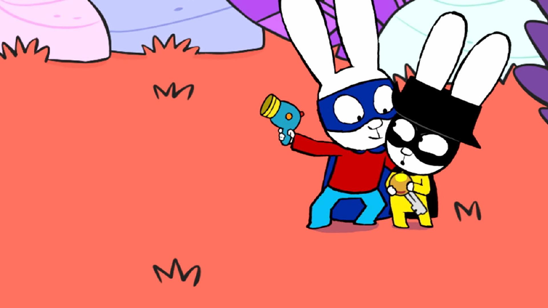 In der Fantasiewelt umarmt Superhase liebevoll Captain Hase. Superhase hält eine Wasserpistole in seiner rechten Hand. Captain Hase hat den Schlüssel von Mamas Auto in den Händen und blickt Superhase ängstlich an.