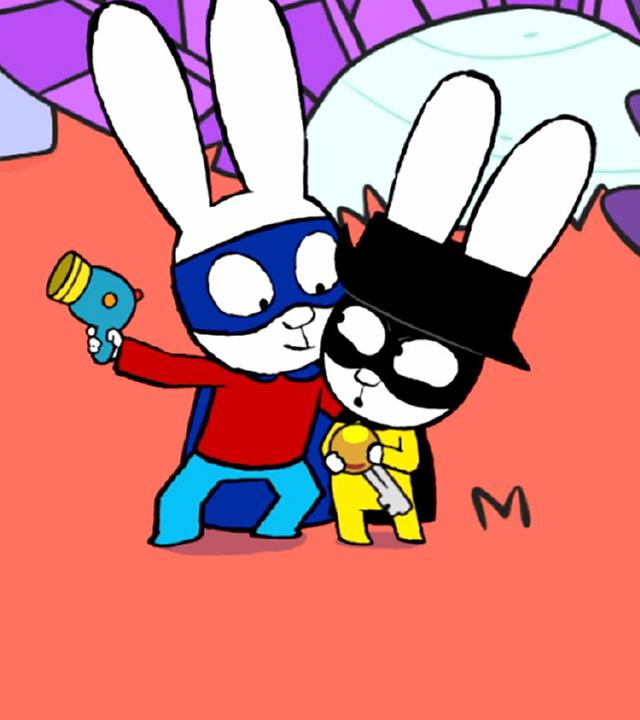 In der Fantasiewelt umarmt Superhase liebevoll Captain Hase. Superhase hält eine Wasserpistole in seiner rechten Hand. Captain Hase hat den Schlüssel von Mamas Auto in den Händen und blickt Superhase ängstlich an.