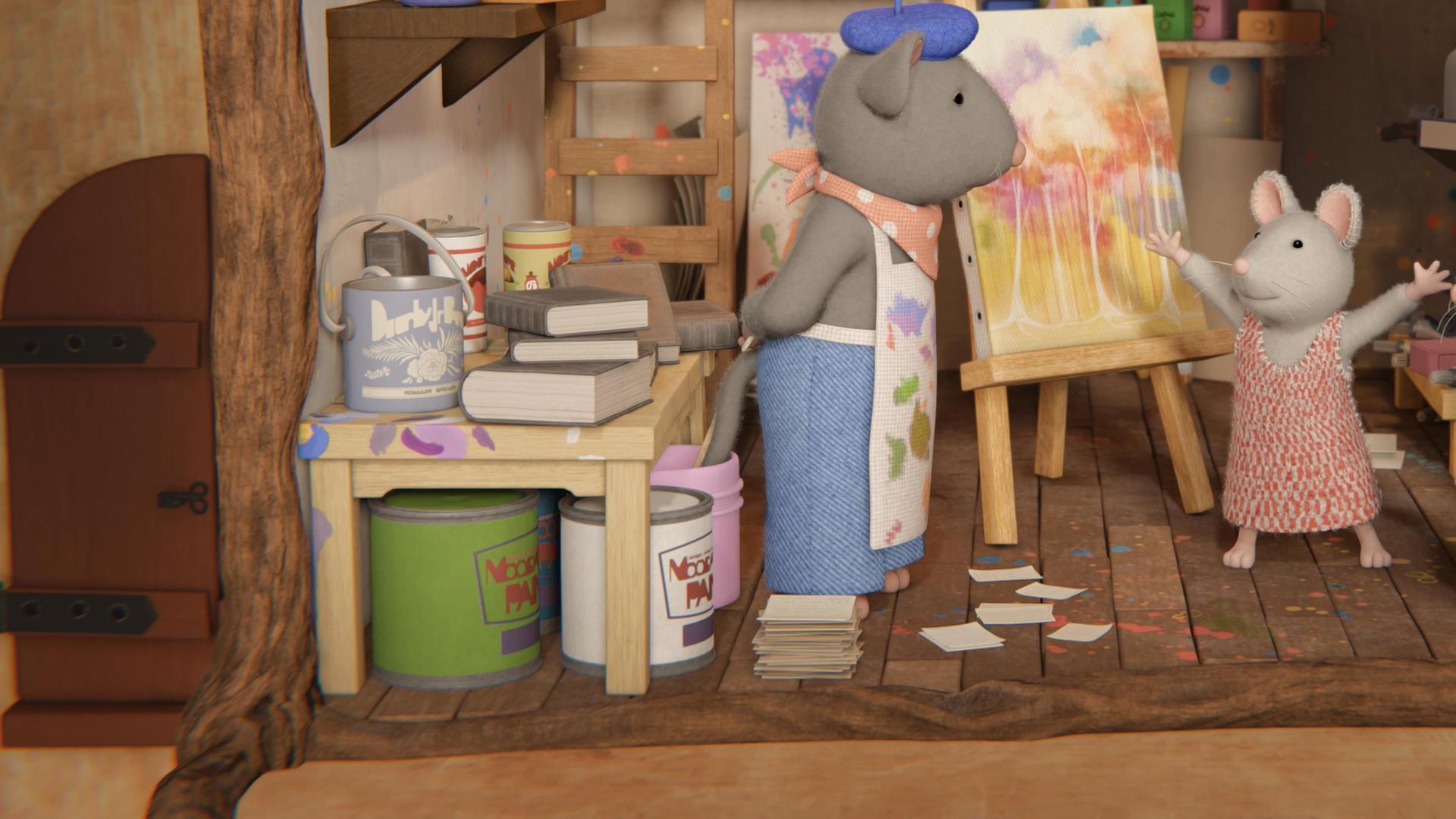 Im Atelier von Herrn Palett, dem Maler, steht Julia mit hoch erhobenen Armen und freut sich über ihre Idee. Sie will mit Sam ein Bild malen und es Ella schenken.