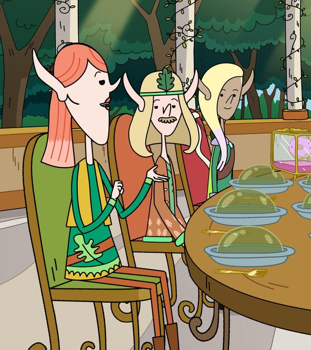 Im Wald auf einer eleganten Terrasse mit Säulen sitzen die Waldelfen - Windstill, Feuerdrill und Nym - links am sichelförmigen Holztisch in Reihe und die Helden - Blümchen, Herbert, Hufius, Twinkle und Tupfen - rechts am Tisch in Reihe. Vor ihnen steht jeweils ein Teller mit einer grünen durchsichtigen Gelmasse. Die Helden gucken entsetzt und traurig zu den Elfen.