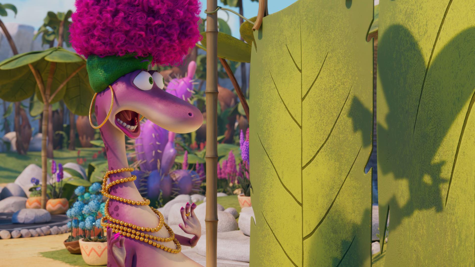 Frau Urschrei steht vor ihrer Wäscheleine. Auf der Wäscheleine hängen grüne, blätterartige Tücher. Und auf diese Blätter wird von hinten ein Schatten geworfen, der aussieht wie eine Riesenfliege mit scharfen Zähnen. Frau Urschrei schaut sehr erschrocken.