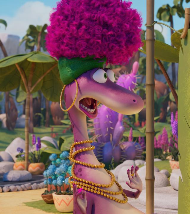 Frau Urschrei steht vor ihrer Wäscheleine. Auf der Wäscheleine hängen grüne, blätterartige Tücher. Und auf diese Blätter wird von hinten ein Schatten geworfen, der aussieht wie eine Riesenfliege mit scharfen Zähnen. Frau Urschrei schaut sehr erschrocken.