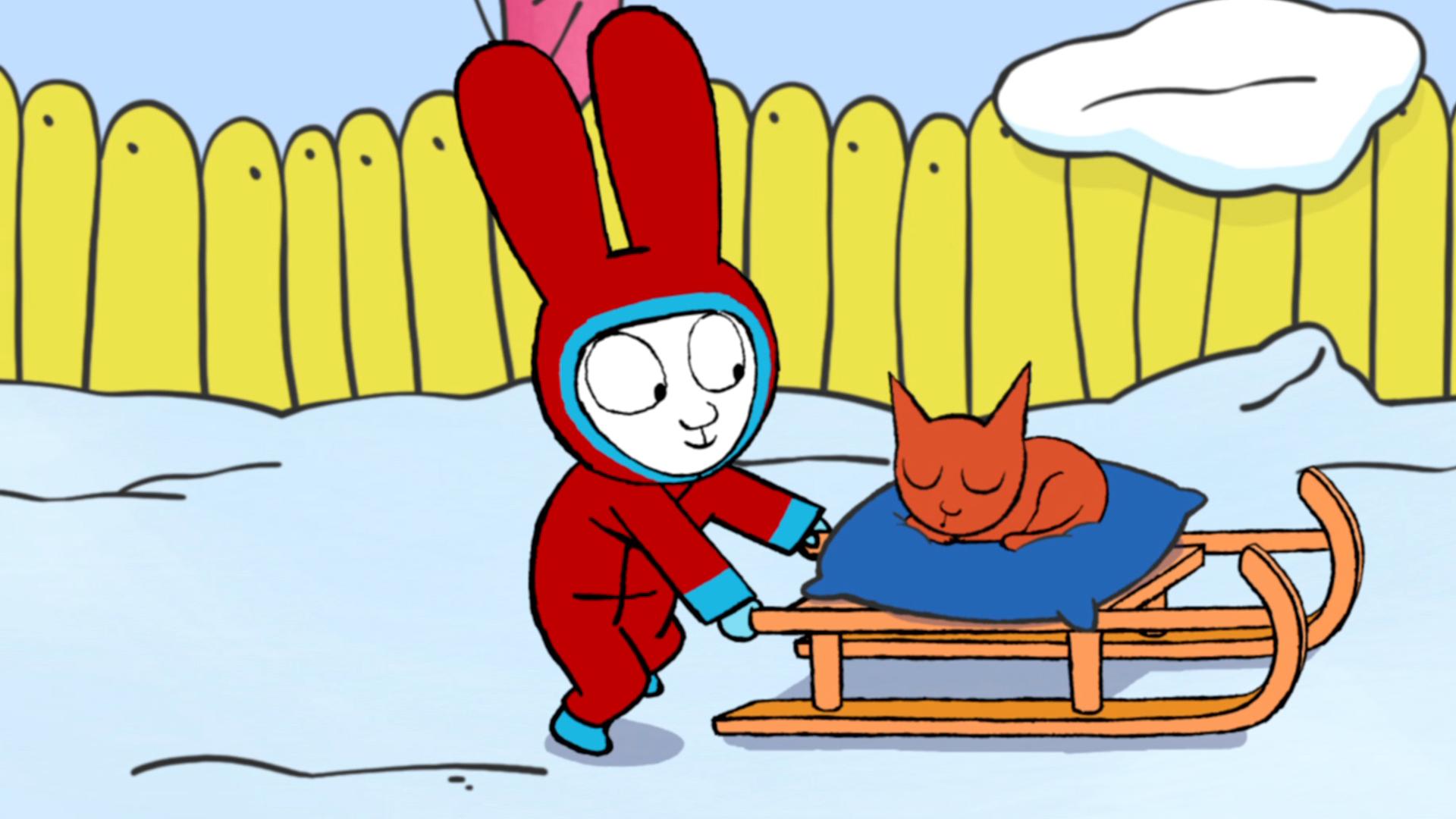 Simon befindet sich im verschneiten Garten. Er trägt einen Schneeanzug. Vor ihm befindet sich ein Schlitten, den er mit beiden Händen fest hält. Auf dem Schlitten liegt der schlafende Hauskater Oskar, auf ein Kissen gekuschelt.