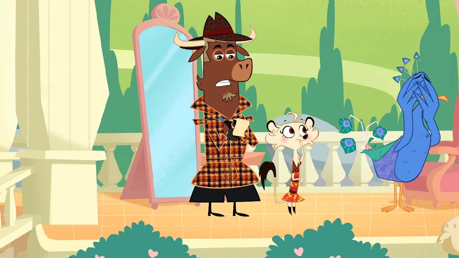 Die Schwanzfedern des Pfaus wurden abrasiert. Er schämt sich sehr und hält sich die Augen zu. Sherlock Yack macht sich mit zusammengebissenen Zähnen Notizen. Er nimmt die Anzeige des Pfaus auf. Hermione steht besorgt neben Sherlock Yack.