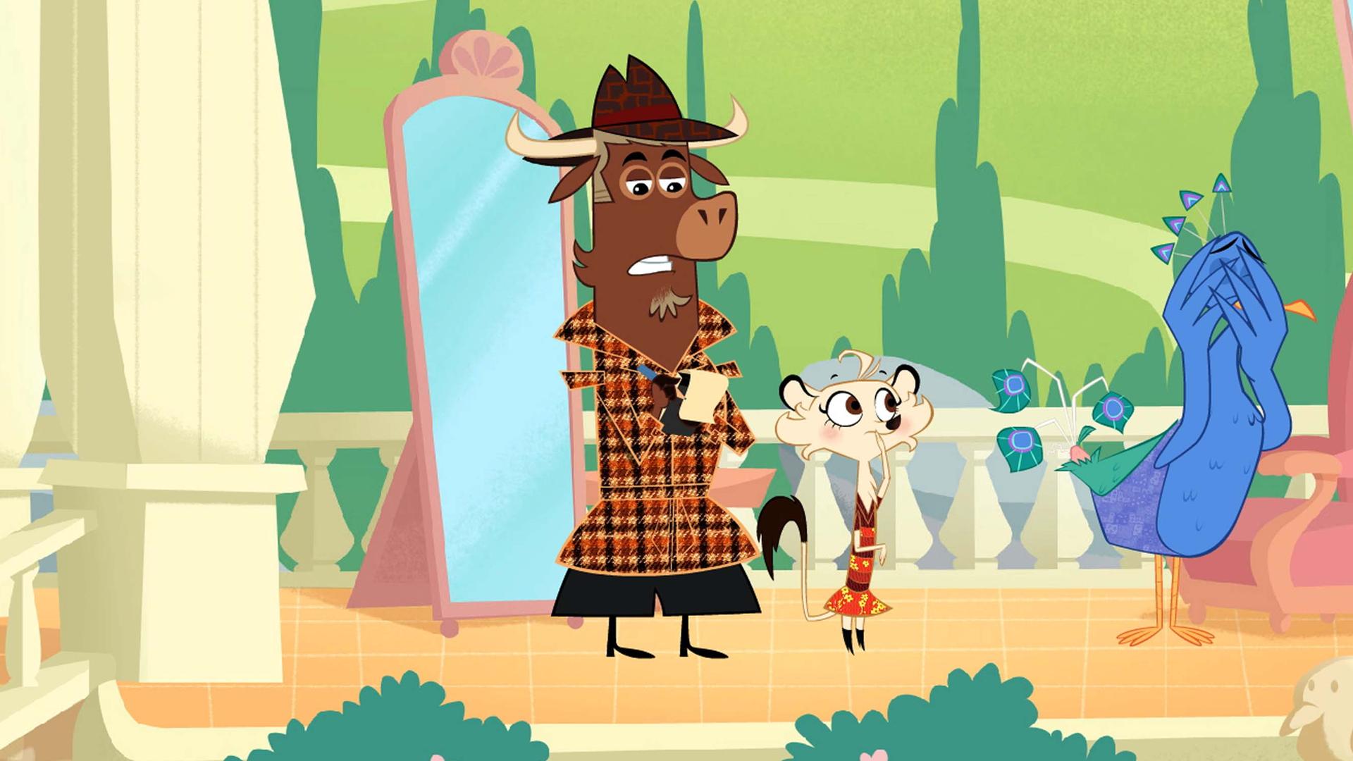 Die Schwanzfedern des Pfaus wurden abrasiert. Er schämt sich sehr und hält sich die Augen zu. Sherlock Yack macht sich mit zusammengebissenen Zähnen Notizen. Er nimmt die Anzeige des Pfaus auf. Hermione steht besorgt neben Sherlock Yack.