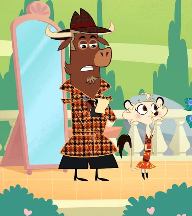 Die Schwanzfedern des Pfaus wurden abrasiert. Er schämt sich sehr und hält sich die Augen zu. Sherlock Yack macht sich mit zusammengebissenen Zähnen Notizen. Er nimmt die Anzeige des Pfaus auf. Hermione steht besorgt neben Sherlock Yack.