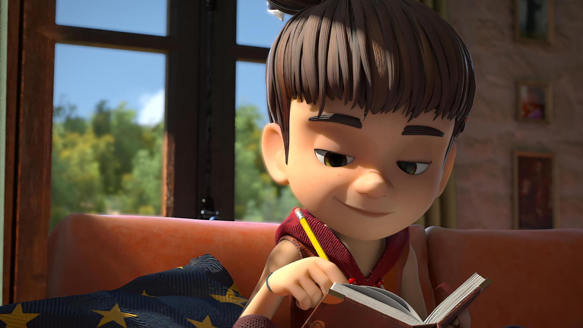 Emma, die den Spitznamen Bohnenstange von ihren Freunden erhalten hat, sitzt entspannt im Haus auf dem Sofa und schreibt in ein Tagebuch.