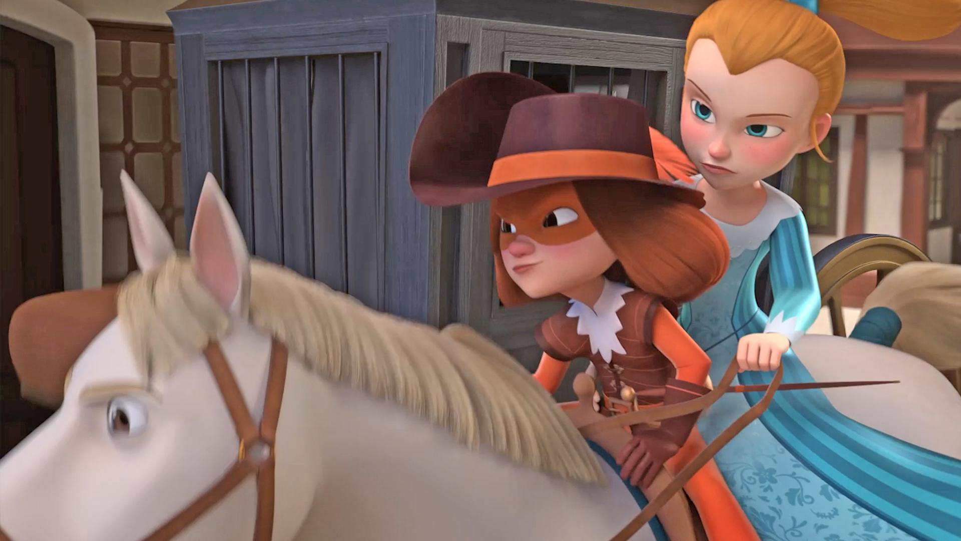 D'Artagnan und Olivia sitzen gemeinsam auf einem Pferd. D'Artagnan vorne und Olivia hinten. Olivia hält die Zügel in ihrer linken Hand. Die Blicke der beiden gehen ernst und konzentriert nach vorne.