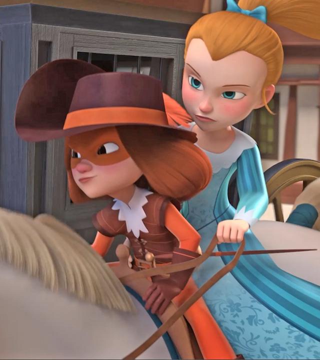 D'Artagnan und Olivia sitzen gemeinsam auf einem Pferd. D'Artagnan vorne und Olivia hinten. Olivia hält die Zügel in ihrer linken Hand. Die Blicke der beiden gehen ernst und konzentriert nach vorne.